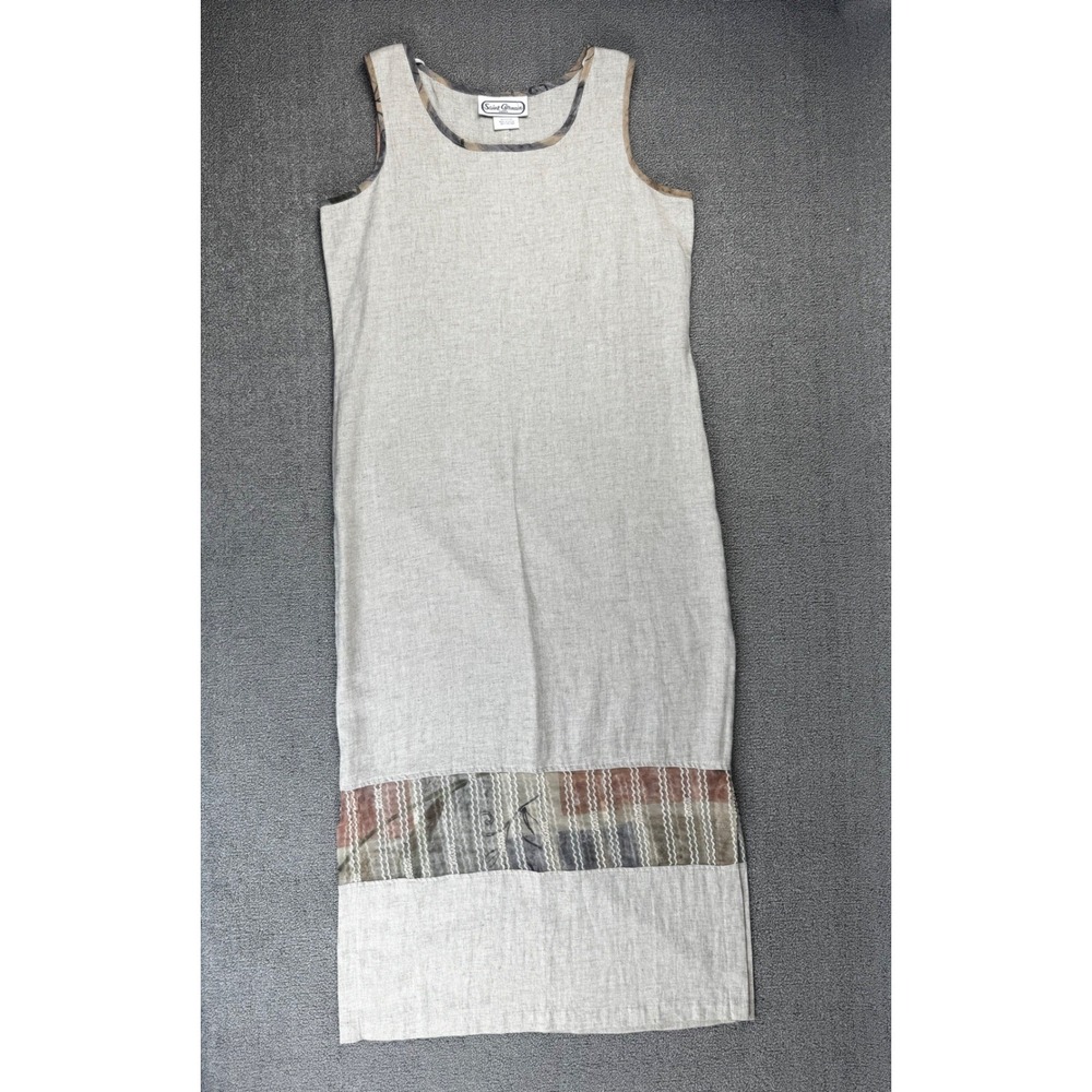 Vtg Saint Germain Paris Dress Medium Linen Blend Midi Shift Beige Lagenlook Boho